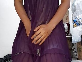 Asian Crossdresser Satin Chiffon Dress Cum Pleasure free video